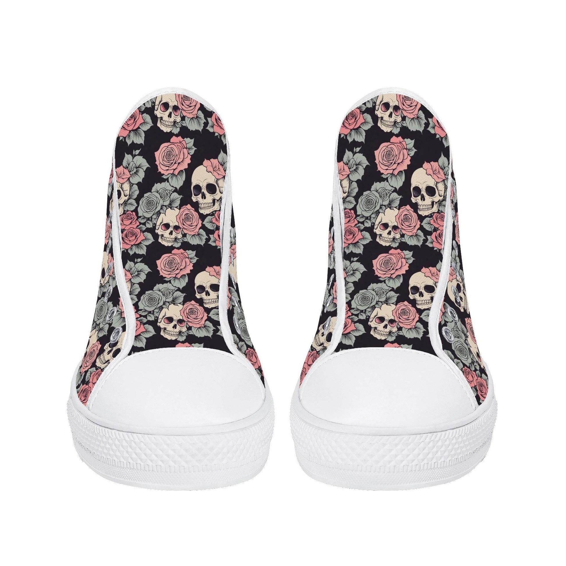 Skull and Pink Rose Men's High Top Canvas Shoes - DeRose Seasonal