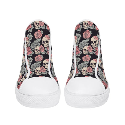 Skull and Pink Rose Men's High Top Canvas Shoes - DeRose Seasonal