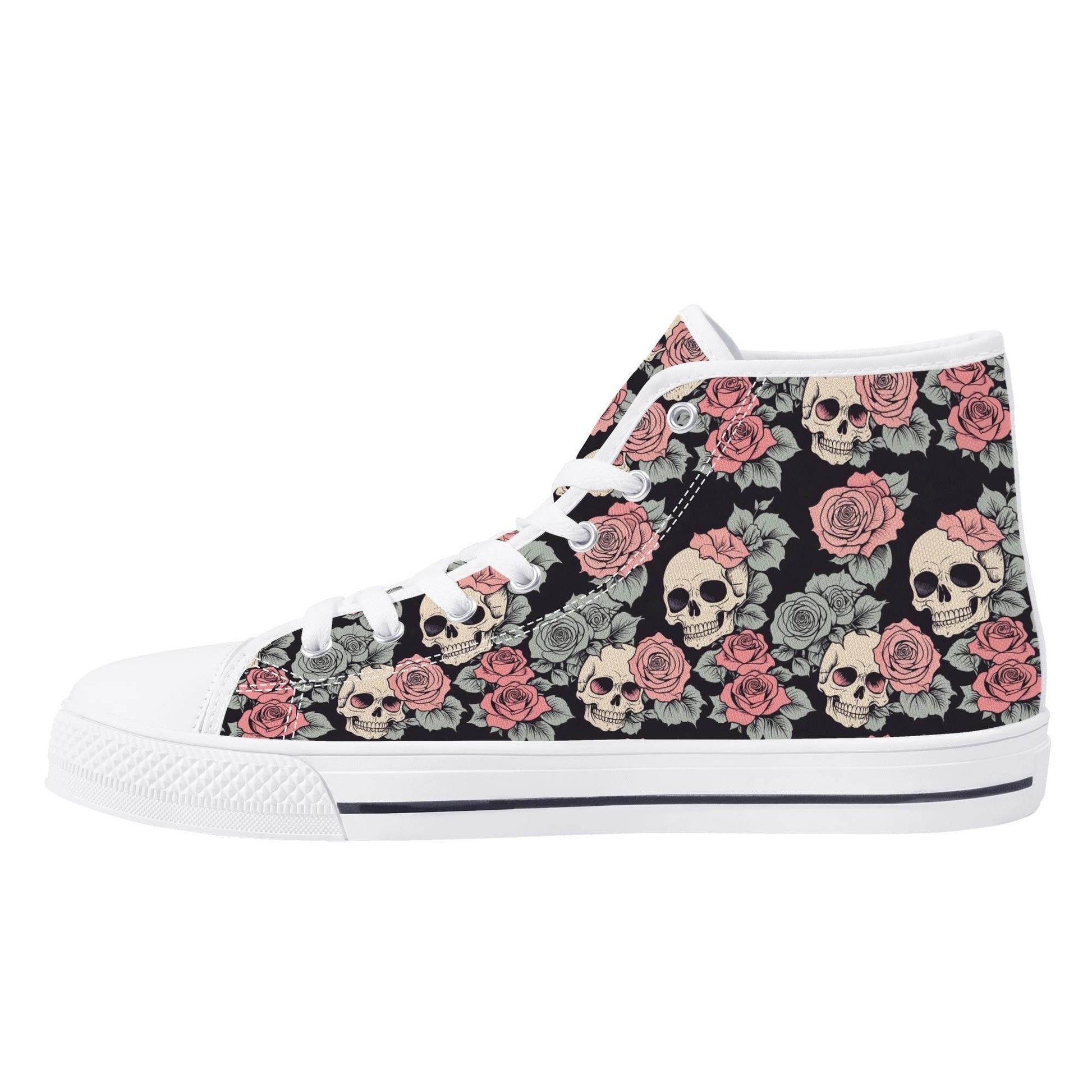Skull and Pink Rose Men's High Top Canvas Shoes - DeRose Seasonal