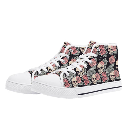 Skull and Pink Rose Men's High Top Canvas Shoes - DeRose Seasonal