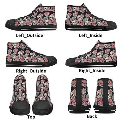Skull and Pink Rose Men's High Top Canvas Shoes - DeRose Seasonal