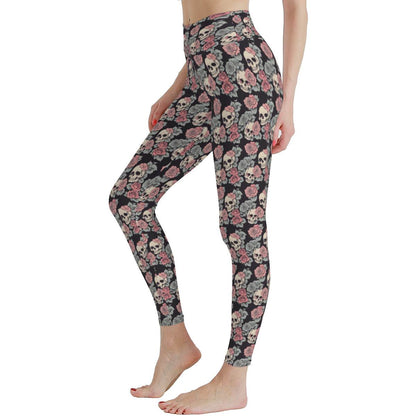 Skull and Pink Rose Polyester Yoga pants Leggings - DeRose Seasonal