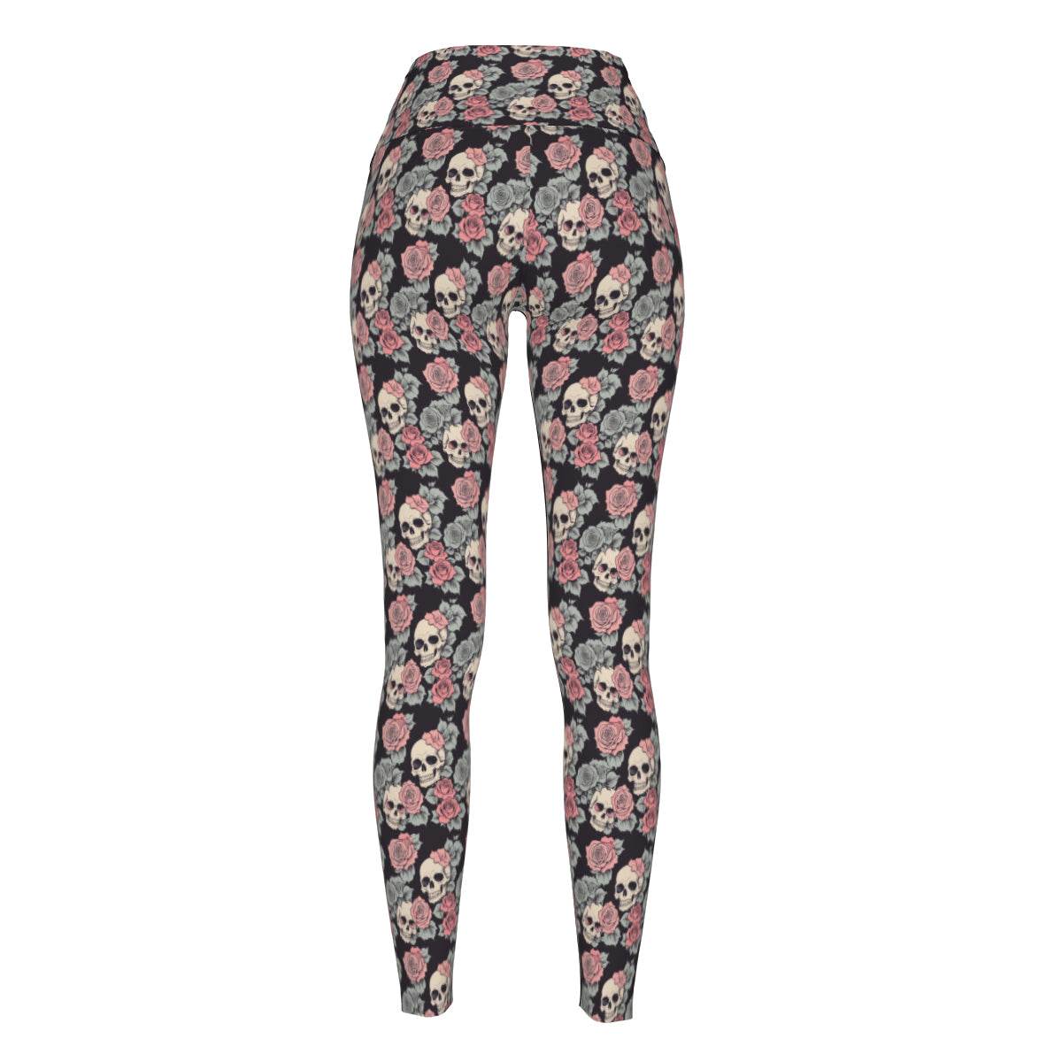 Skull and Pink Rose Polyester Yoga pants Leggings - DeRose Seasonal