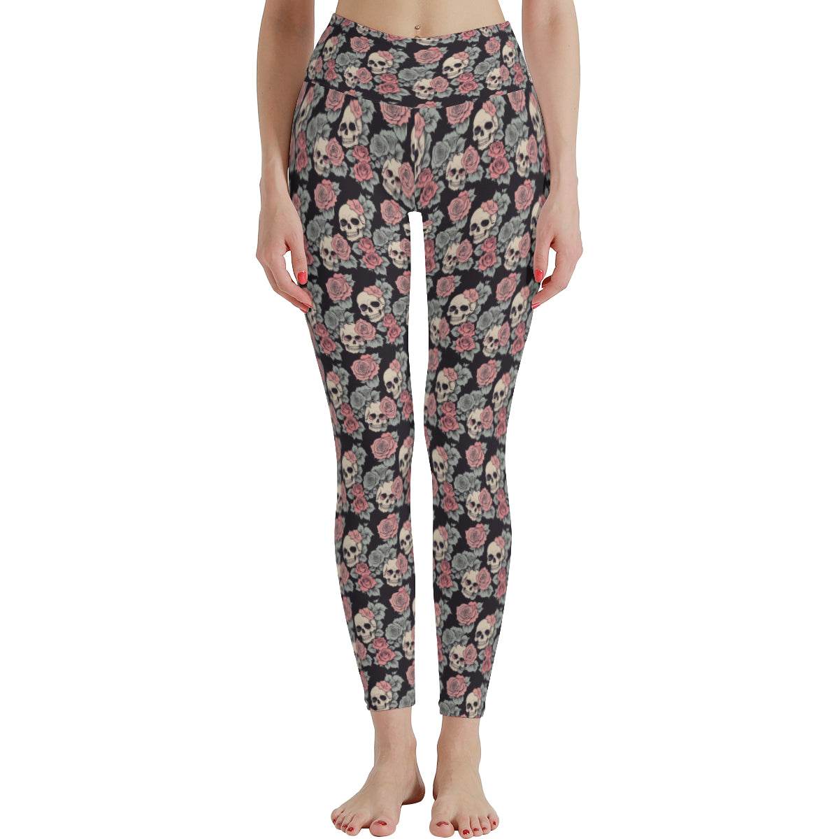 Skull and Pink Rose Polyester Yoga pants Leggings - DeRose Seasonal