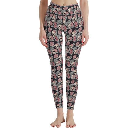 Skull and Pink Rose Polyester Yoga pants Leggings - DeRose Seasonal