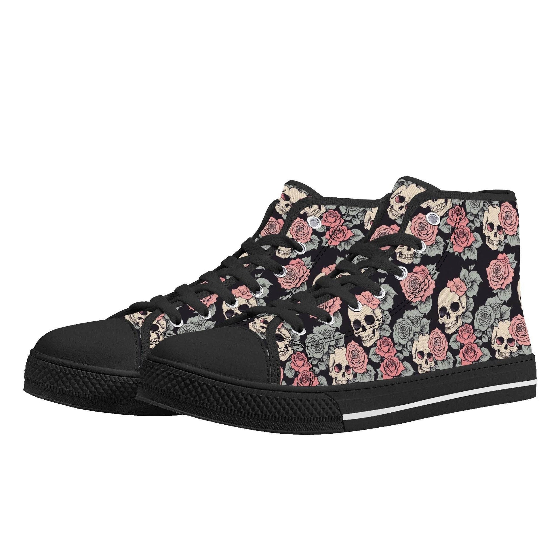 Skull and Pink Rose Women's High Top Canvas Shoes - DeRose Seasonal