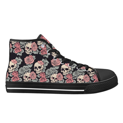 Skull and Pink Rose Women's High Top Canvas Shoes - DeRose Seasonal