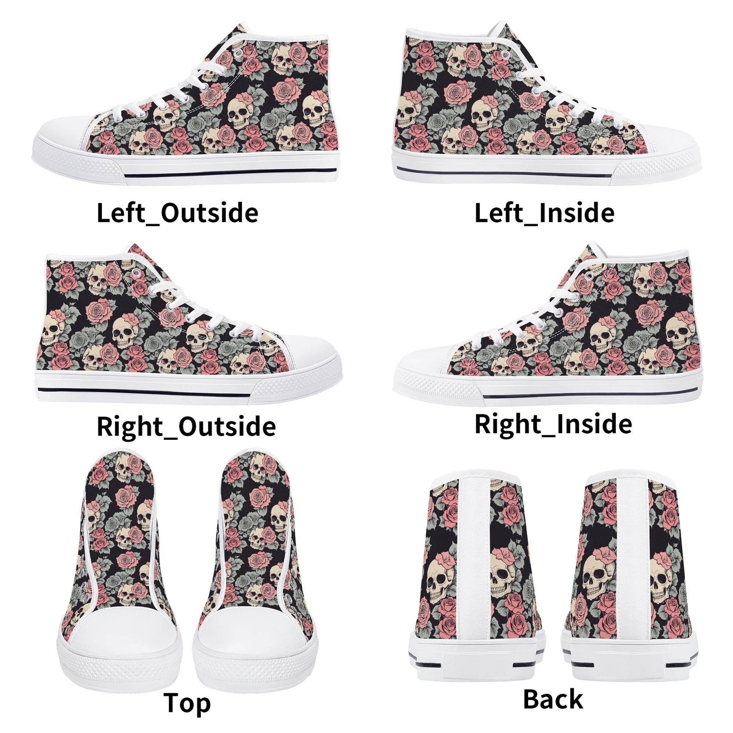 Skull and Pink Rose Women's High Top Canvas Shoes - DeRose Seasonal