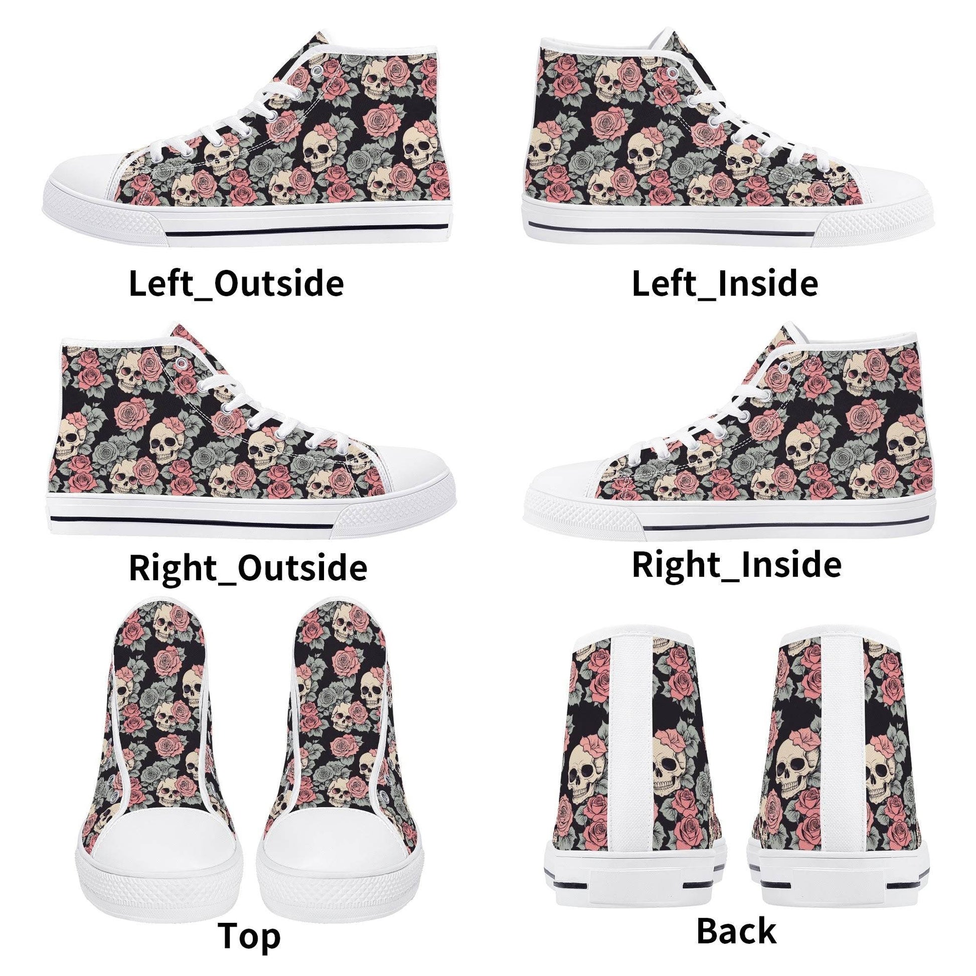 Skull and Pink Rose Women's High Top Canvas Shoes - DeRose Seasonal