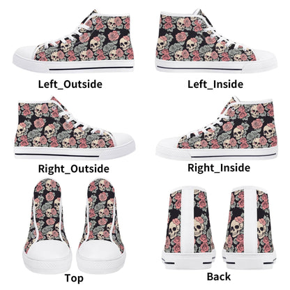 Skull and Pink Rose Women's High Top Canvas Shoes - DeRose Seasonal