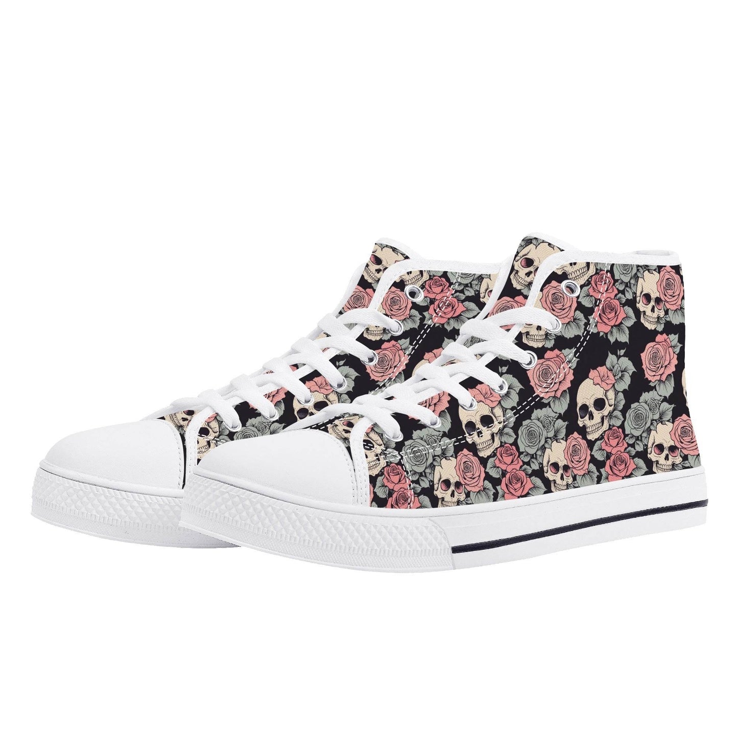 Skull and Pink Rose Women's High Top Canvas Shoes - DeRose Seasonal