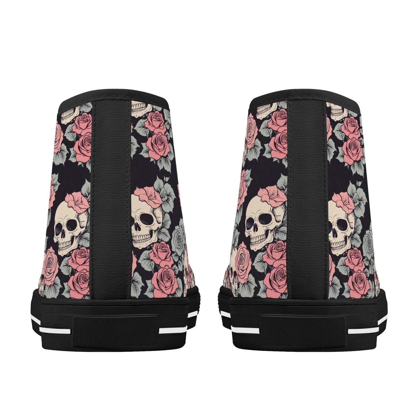 Skull and Pink Rose Women's High Top Canvas Shoes - DeRose Seasonal