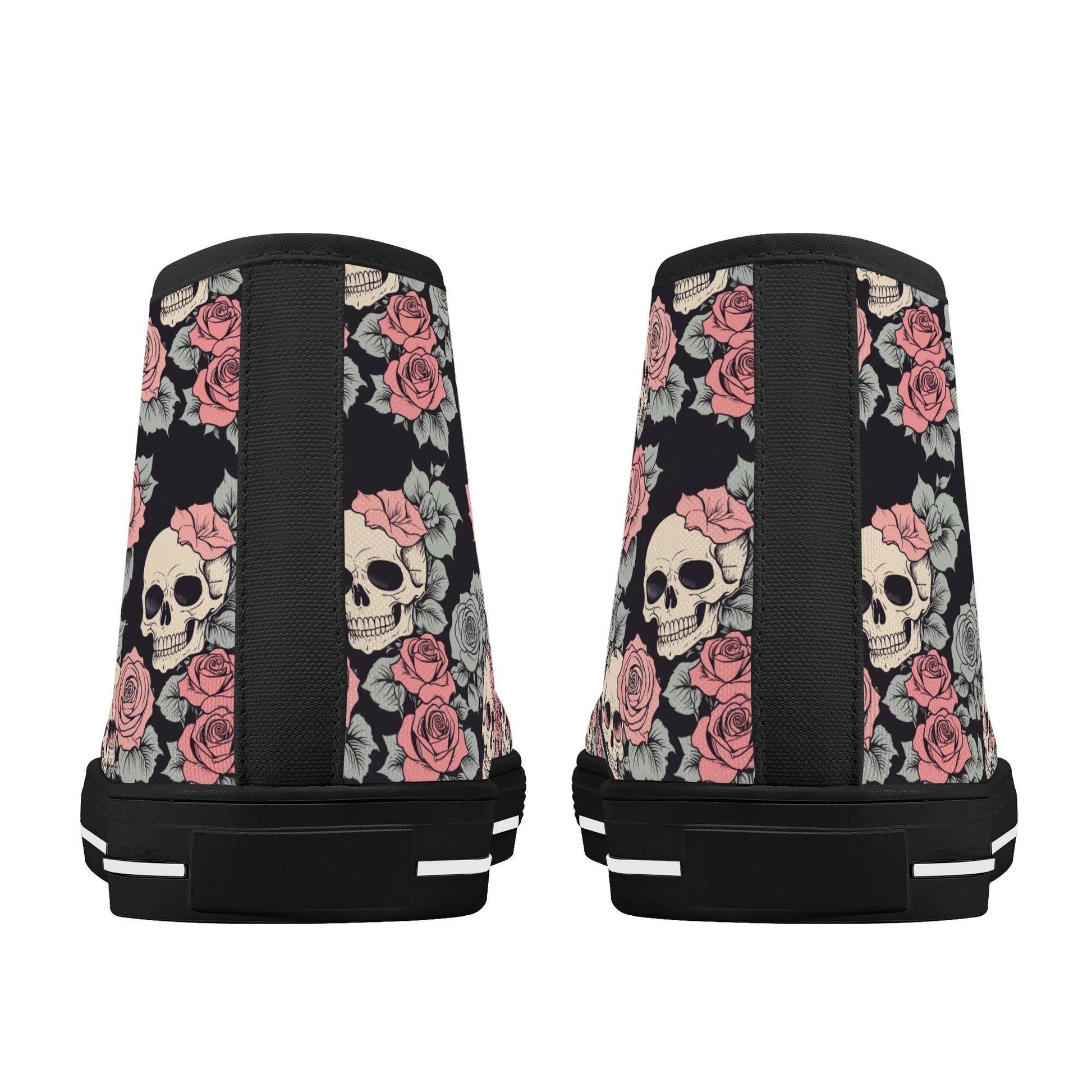 Skull and Pink Rose Women's High Top Canvas Shoes - DeRose Seasonal