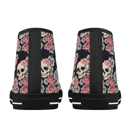 Skull and Pink Rose Women's High Top Canvas Shoes - DeRose Seasonal