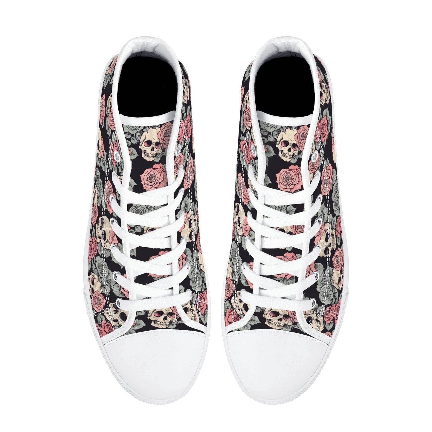 Skull and Pink Rose Women's High Top Canvas Shoes - DeRose Seasonal