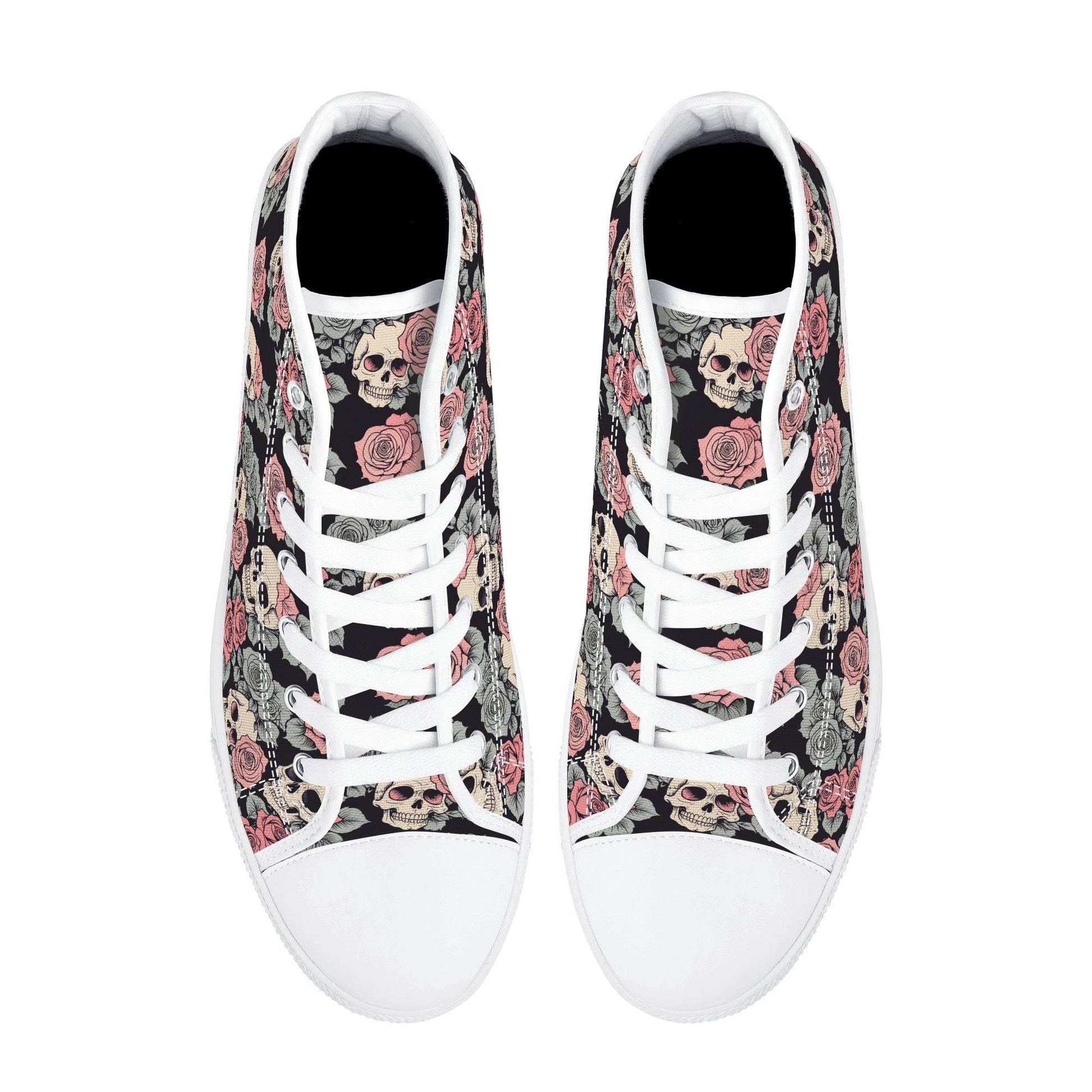 Skull and Pink Rose Women's High Top Canvas Shoes - DeRose Seasonal