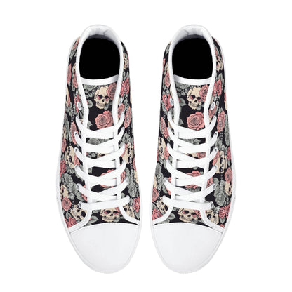 Skull and Pink Rose Women's High Top Canvas Shoes - DeRose Seasonal