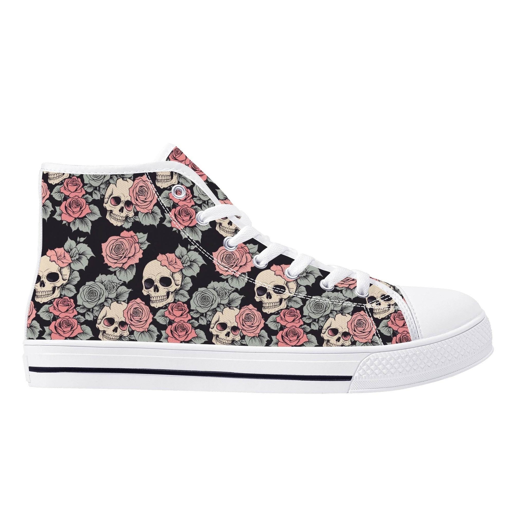 Skull and Pink Rose Women's High Top Canvas Shoes - DeRose Seasonal
