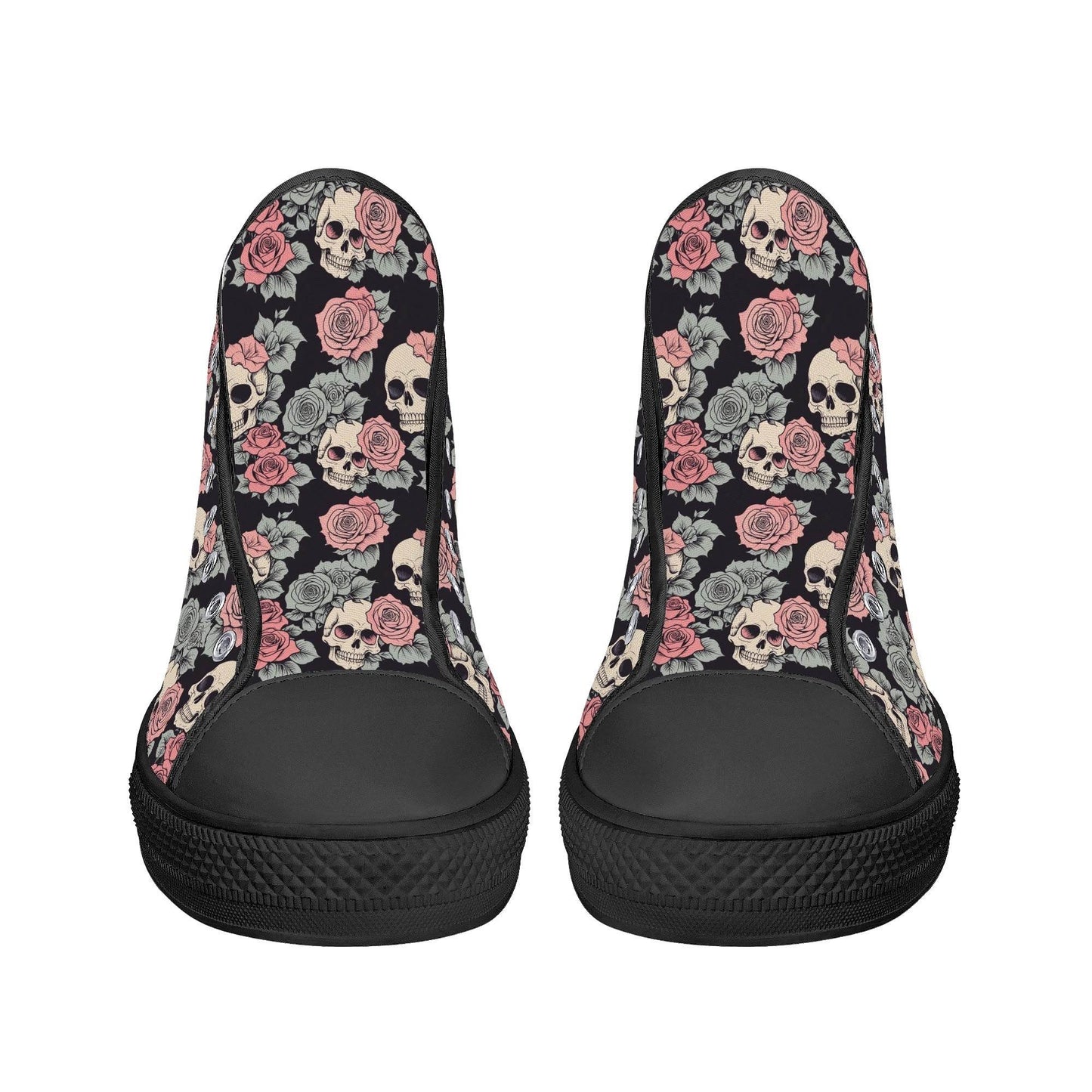 Skull and Pink Rose Women's High Top Canvas Shoes - DeRose Seasonal