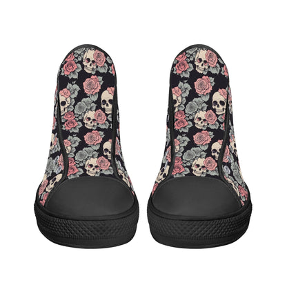 Skull and Pink Rose Women's High Top Canvas Shoes - DeRose Seasonal
