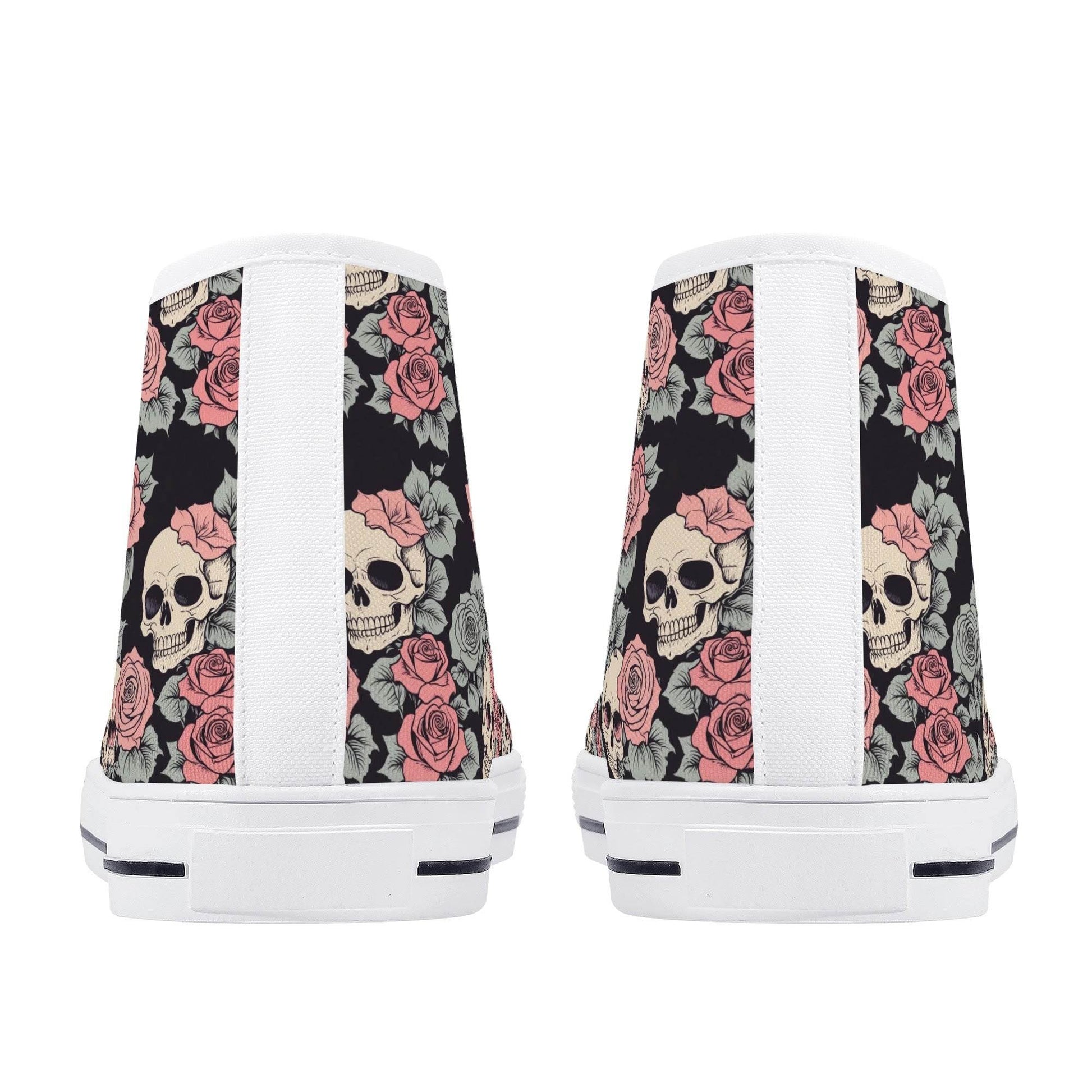 Skull and Pink Rose Women's High Top Canvas Shoes - DeRose Seasonal