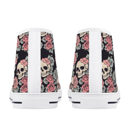 Skull and Pink Rose Women's High Top Canvas Shoes - DeRose Seasonal