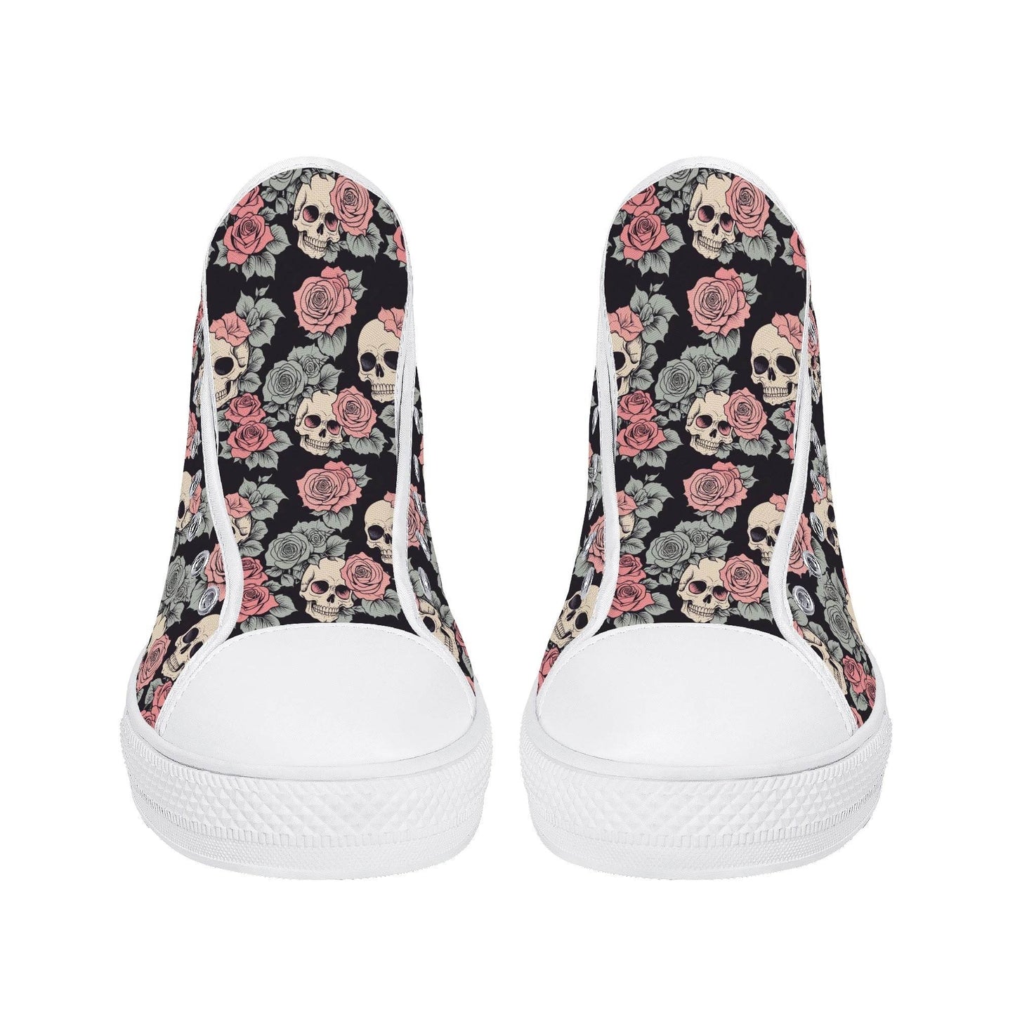 Skull and Pink Rose Women's High Top Canvas Shoes - DeRose Seasonal