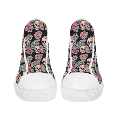 Skull and Pink Rose Women's High Top Canvas Shoes - DeRose Seasonal