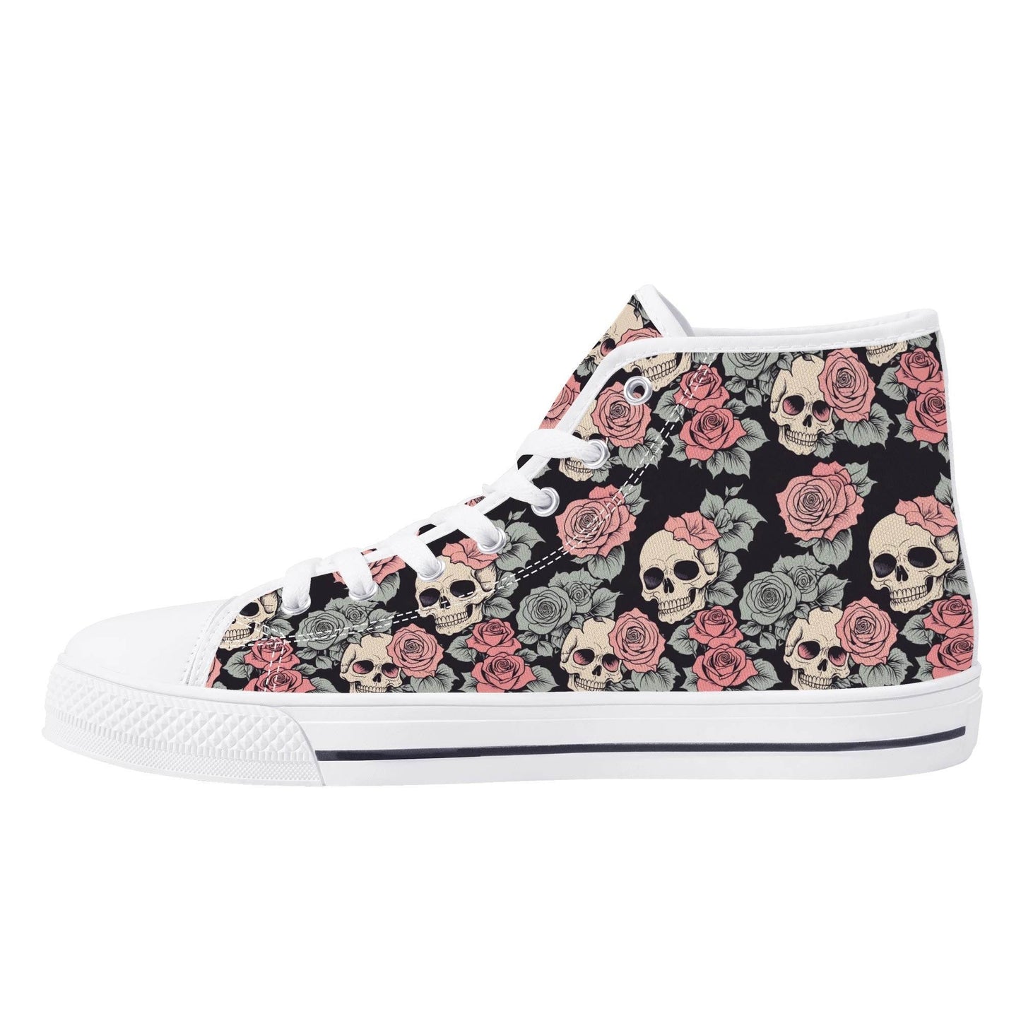 Skull and Pink Rose Women's High Top Canvas Shoes - DeRose Seasonal