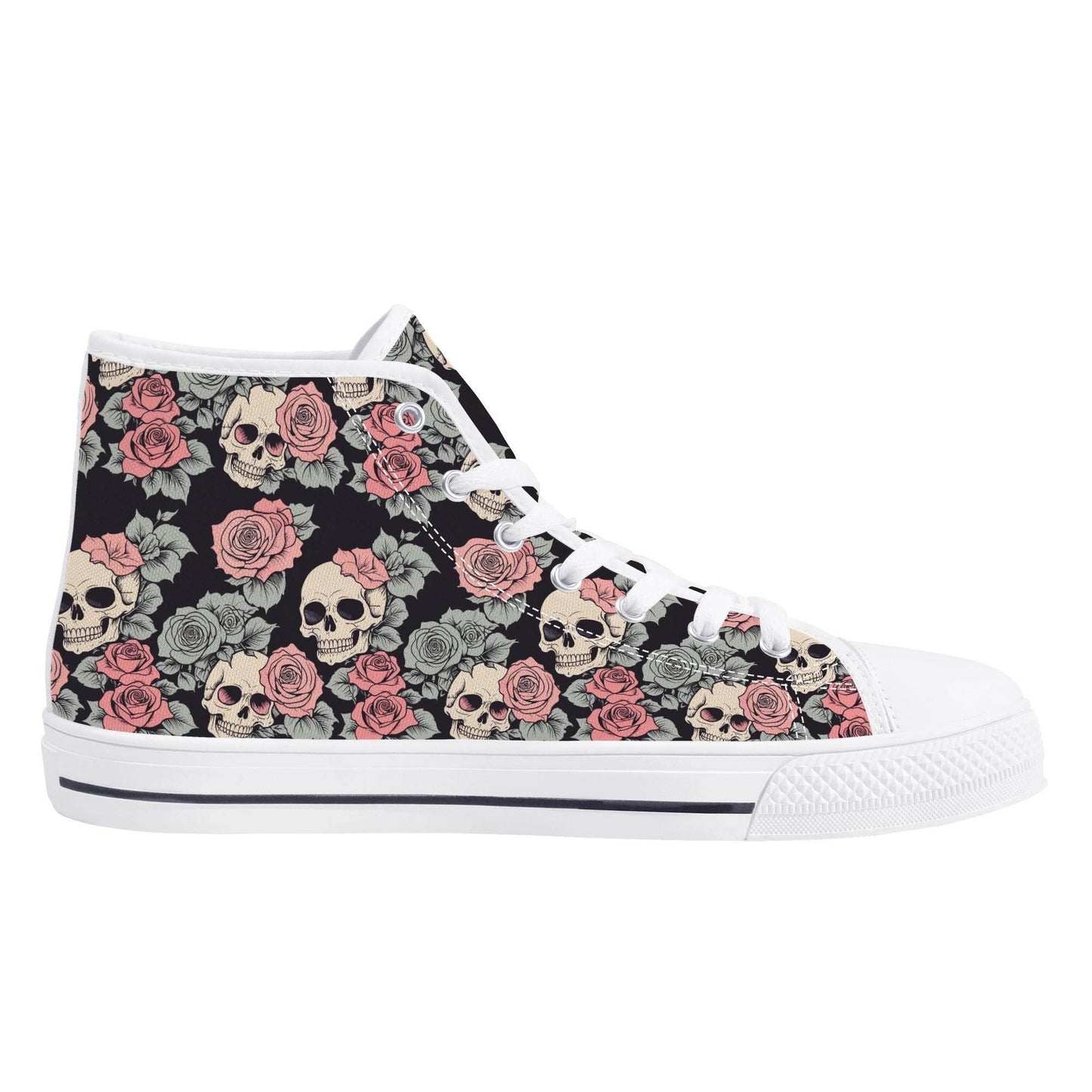 Skull and Pink Rose Women's High Top Canvas Shoes - DeRose Seasonal