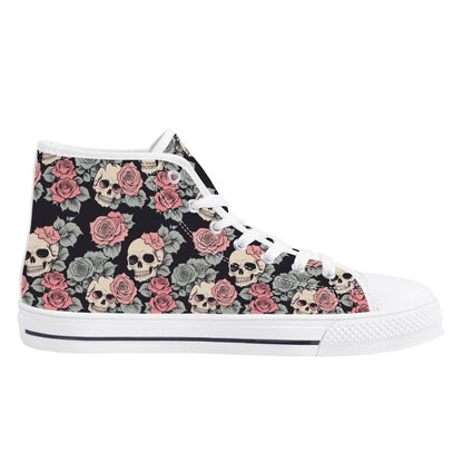 Skull and Pink Rose Women's High Top Canvas Shoes - DeRose Seasonal