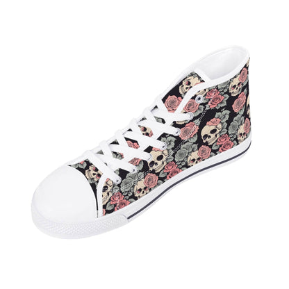 Skull and Pink Rose Women's High Top Canvas Shoes - DeRose Seasonal