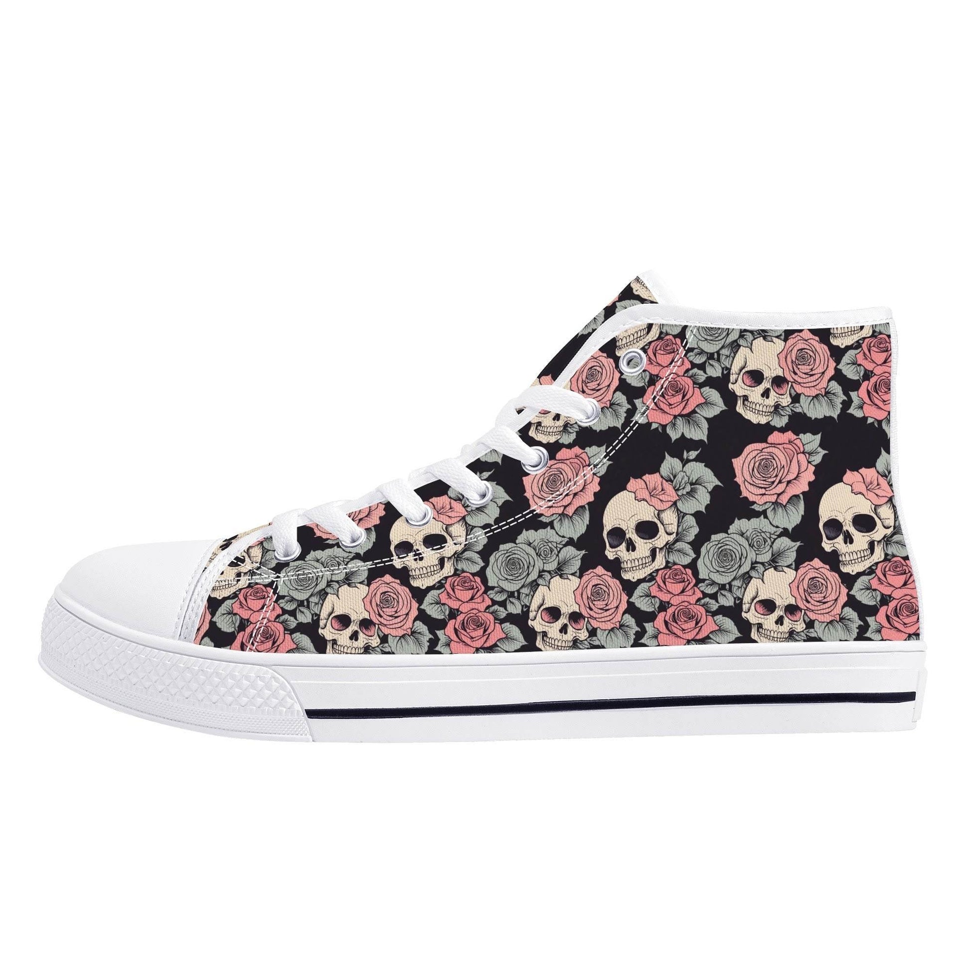 Skull and Pink Rose Women's High Top Canvas Shoes - DeRose Seasonal