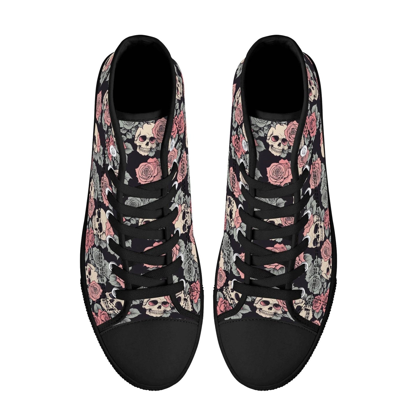 Skull and Pink Rose Women's High Top Canvas Shoes - DeRose Seasonal