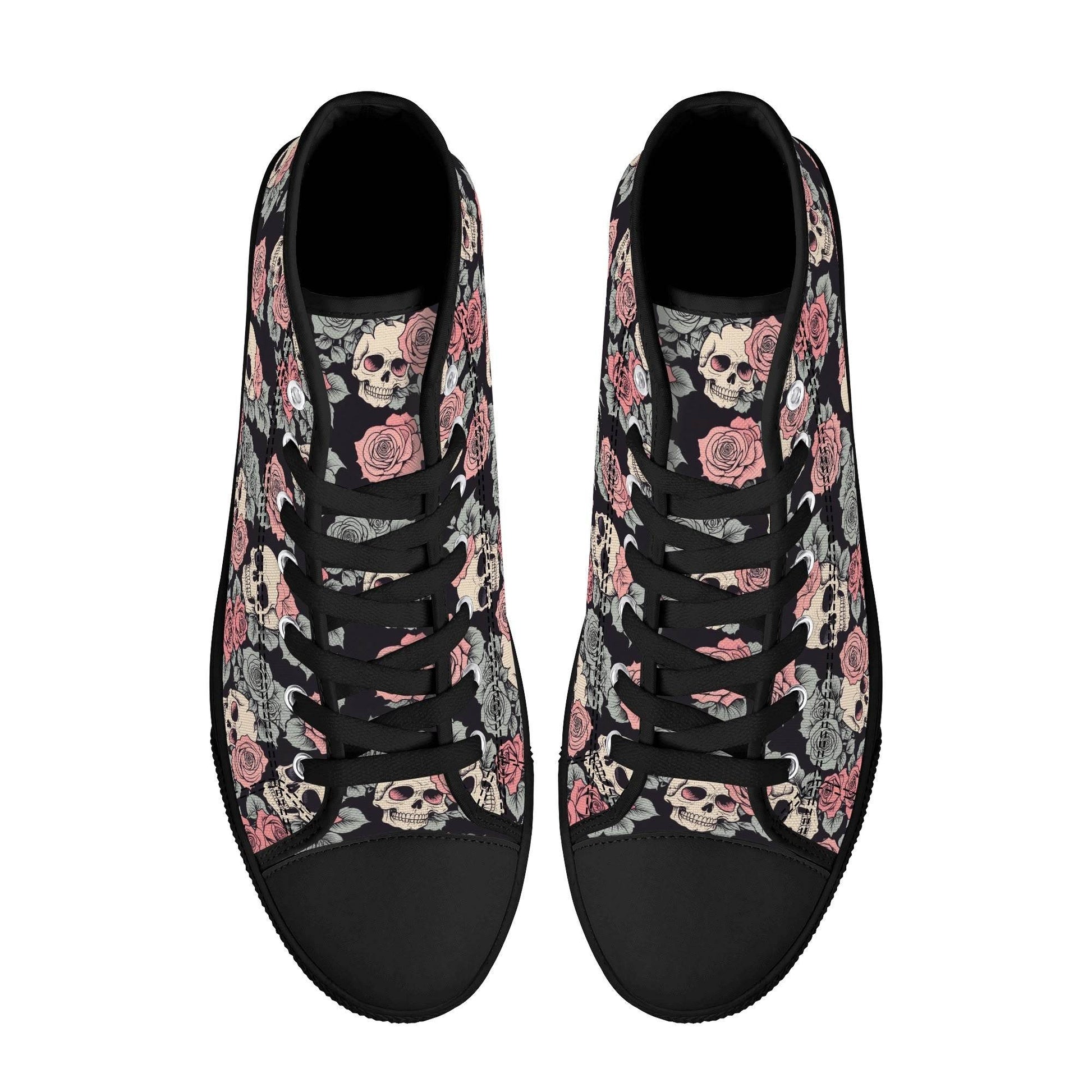 Skull and Pink Rose Women's High Top Canvas Shoes - DeRose Seasonal