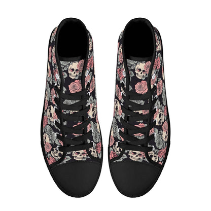 Skull and Pink Rose Women's High Top Canvas Shoes - DeRose Seasonal