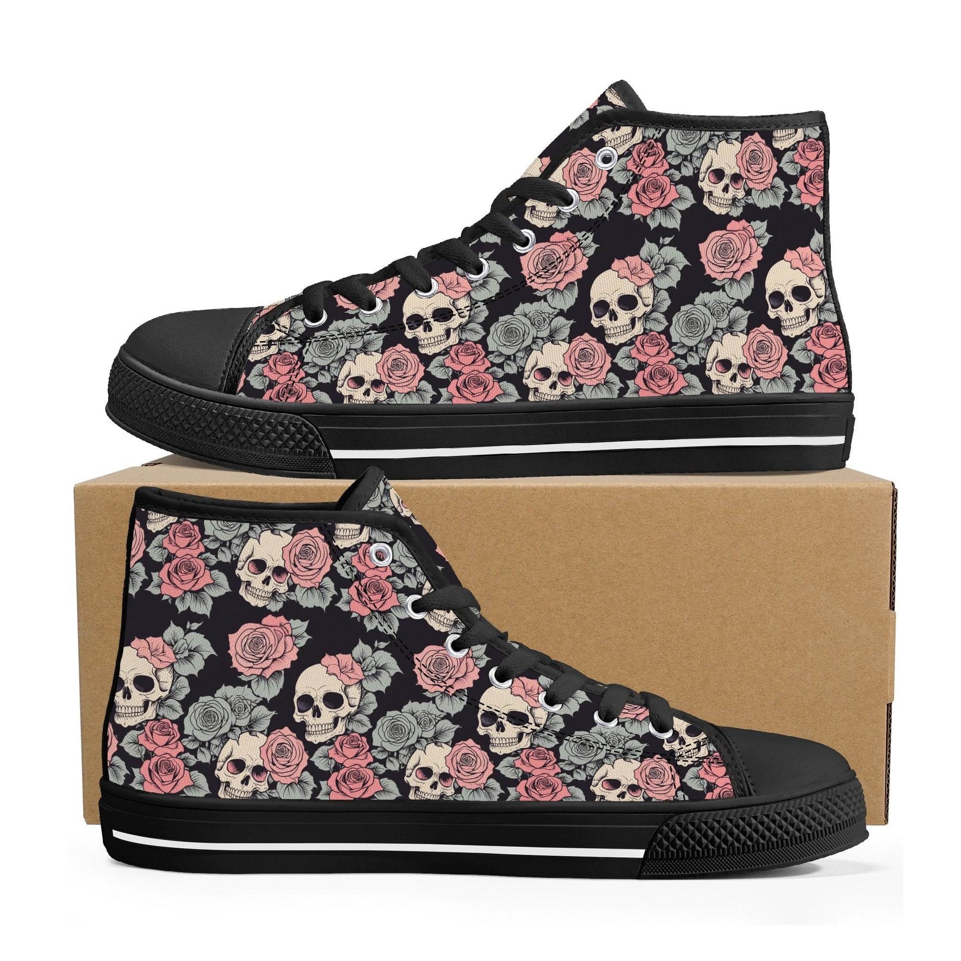 Skull and Pink Rose Women's High Top Canvas Shoes - DeRose Seasonal