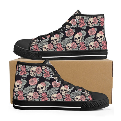 Skull and Pink Rose Women's High Top Canvas Shoes - DeRose Seasonal