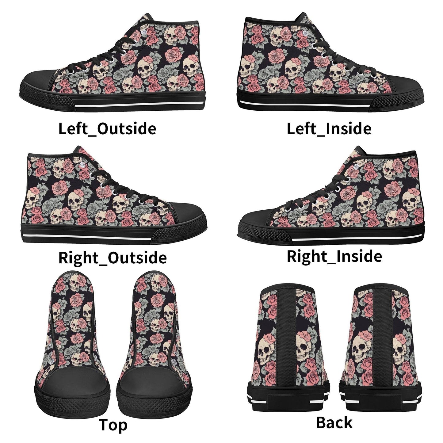 Skull and Pink Rose Women's High Top Canvas Shoes - DeRose Seasonal