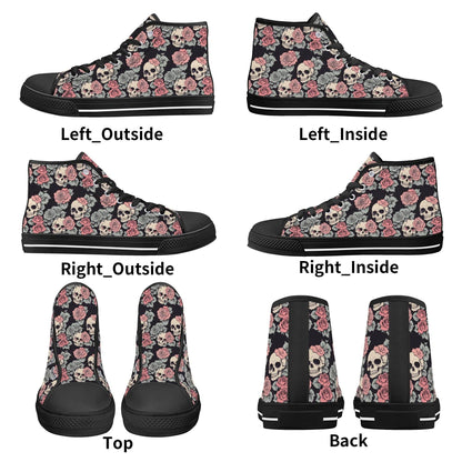 Skull and Pink Rose Women's High Top Canvas Shoes - DeRose Seasonal