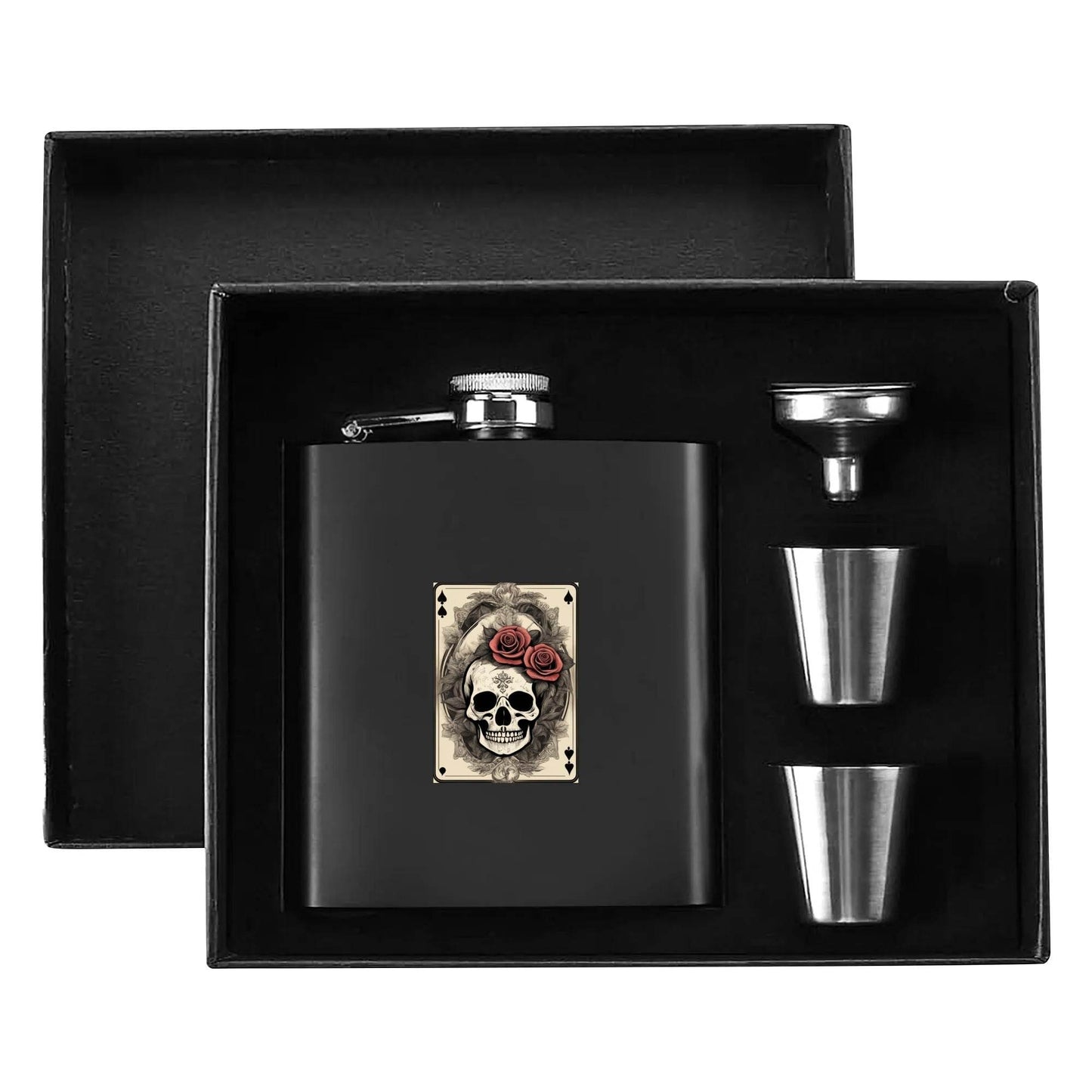 Skull of Spades Flask Set 7oz Black Stainless Steel with A Gift Box - DeRose Seasonal