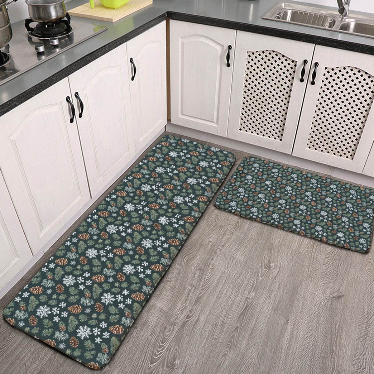 Snowflake Pine 2 Piece L-Multifunction Flannel Kitchen Mat - DeRose Seasonal