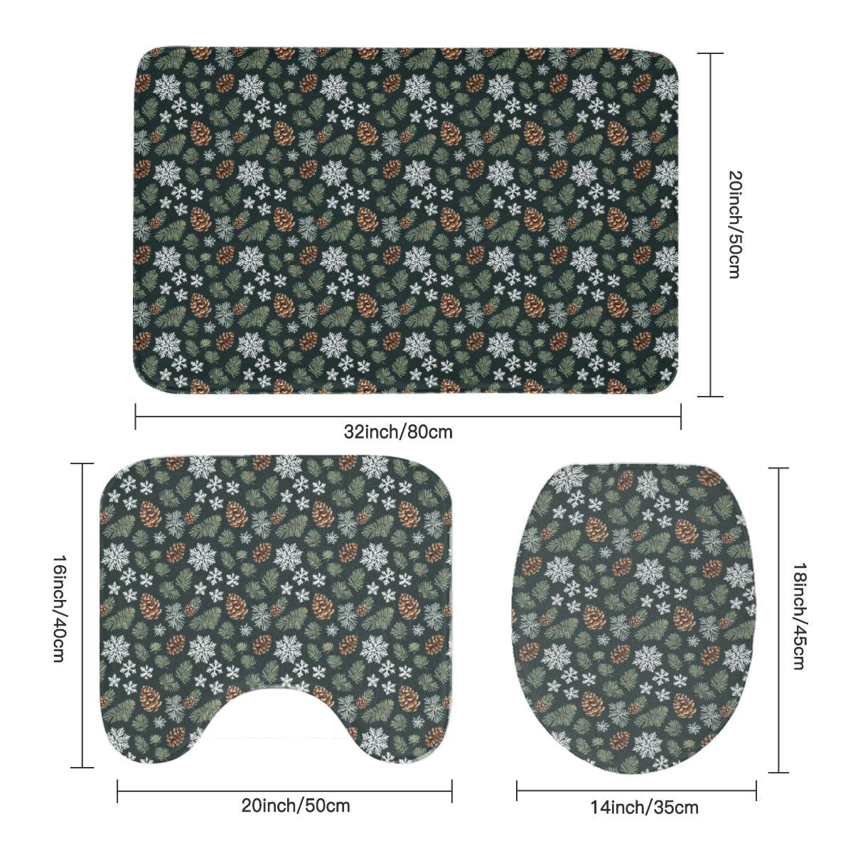 Snowflake Pine Bathroom Four-Piece Set(Shower Curtain + Toilet Cover Mat + Toilet Foot Mat + Floor Mat)| Polyester - DeRose Seasonal