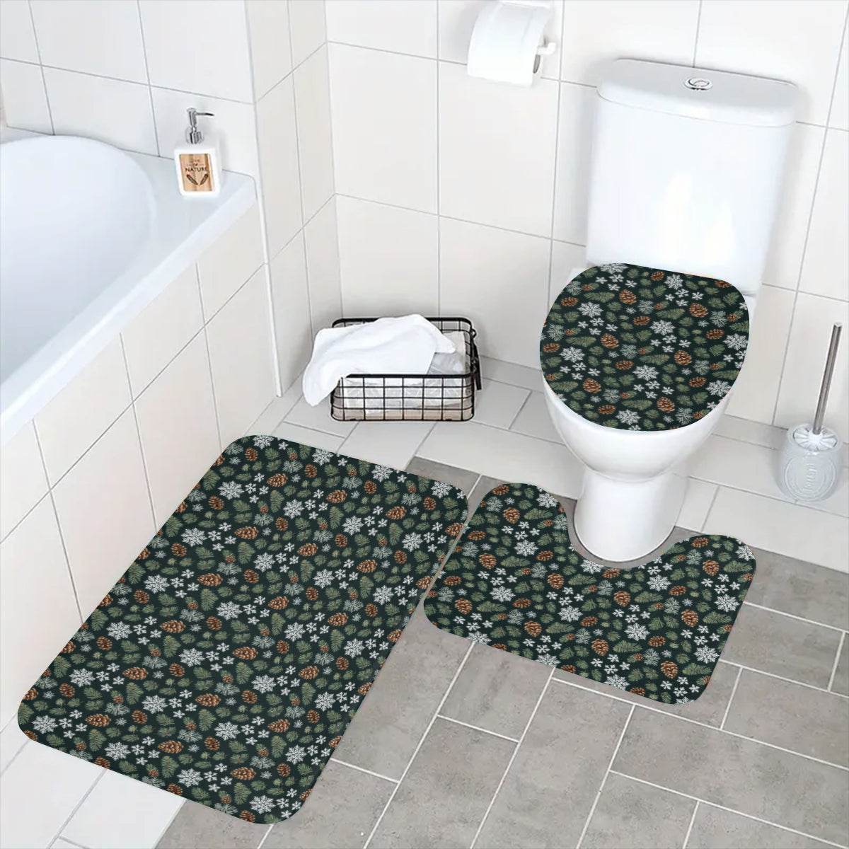 Snowflake Pine Bathroom Four-Piece Set(Shower Curtain + Toilet Cover Mat + Toilet Foot Mat + Floor Mat)| Polyester - DeRose Seasonal
