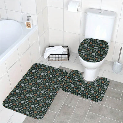 Snowflake Pine Bathroom Four-Piece Set(Shower Curtain + Toilet Cover Mat + Toilet Foot Mat + Floor Mat)| Polyester - DeRose Seasonal