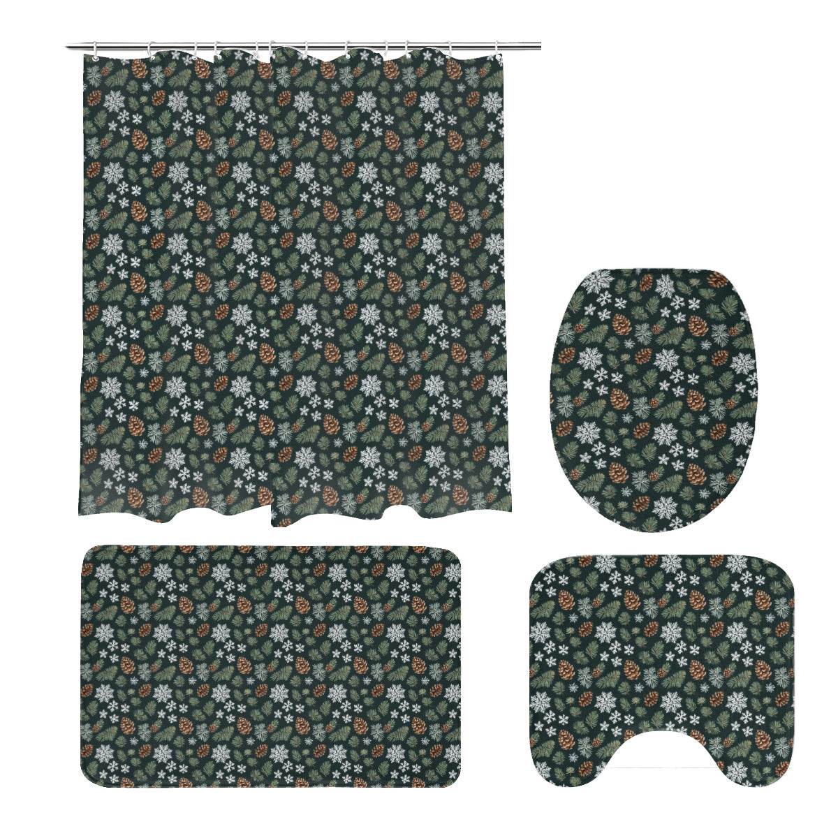 Snowflake Pine Bathroom Four-Piece Set(Shower Curtain + Toilet Cover Mat + Toilet Foot Mat + Floor Mat)| Polyester - DeRose Seasonal