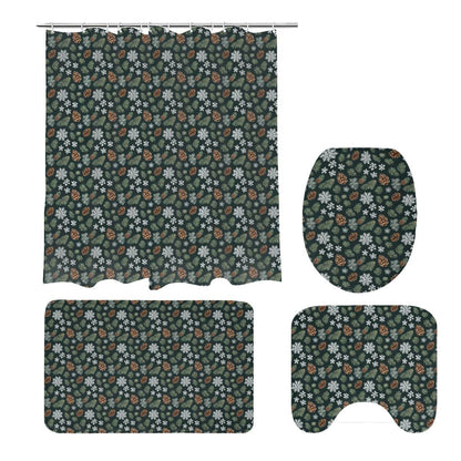Snowflake Pine Bathroom Four-Piece Set(Shower Curtain + Toilet Cover Mat + Toilet Foot Mat + Floor Mat)| Polyester - DeRose Seasonal