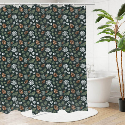 Snowflake Pine Bathroom Four-Piece Set(Shower Curtain + Toilet Cover Mat + Toilet Foot Mat + Floor Mat)| Polyester - DeRose Seasonal