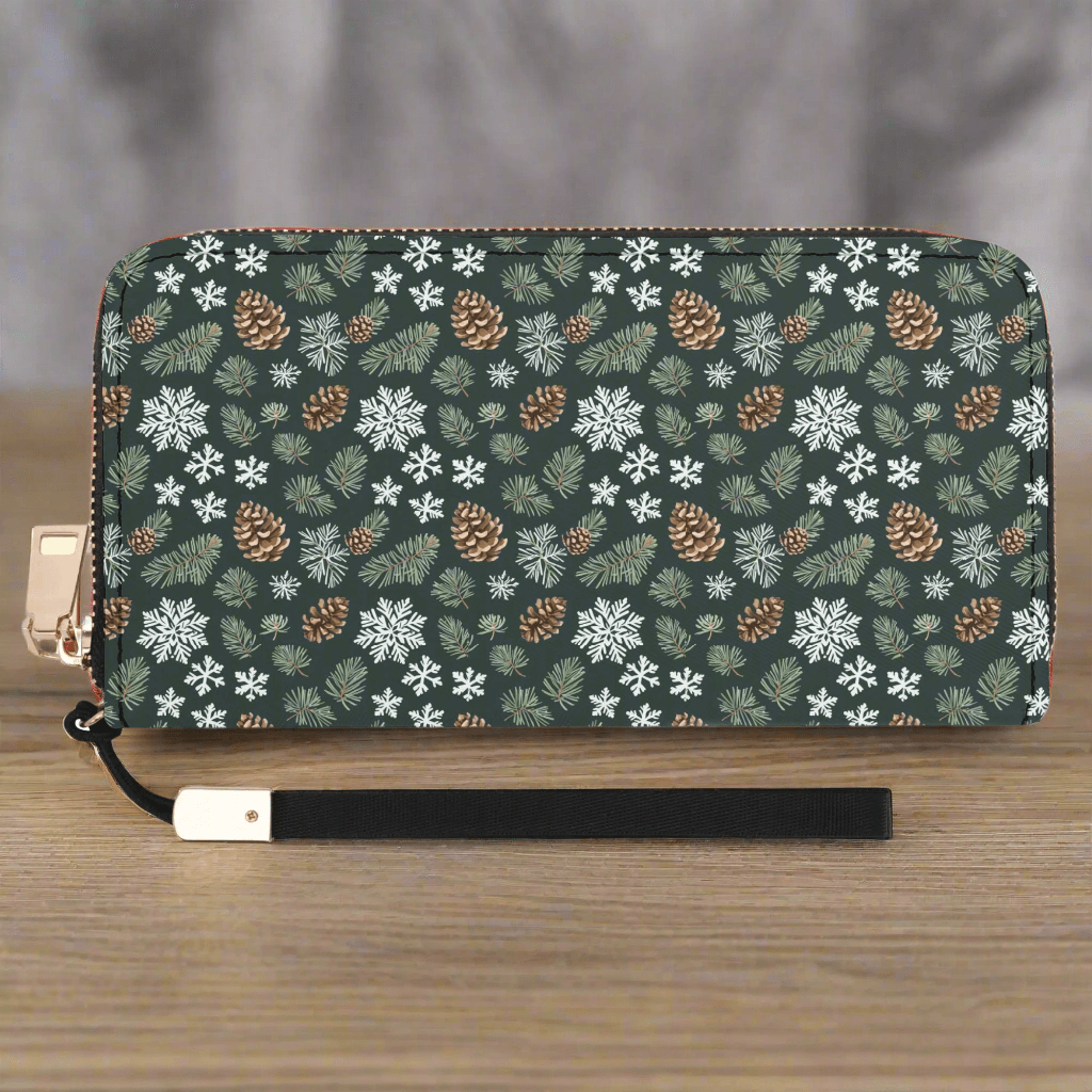 Snowflake Pine Leather Zipper Women's Wristlet Wallet - DeRose Seasonal