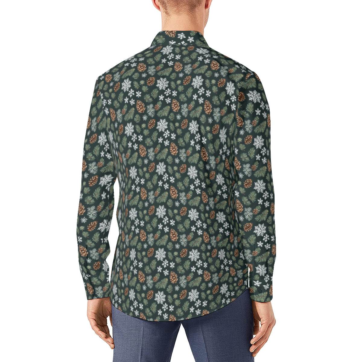 Snowflake Pine Men's Classic Long-Sleeved Button up Polyester Dress Shirt - DeRose Seasonal